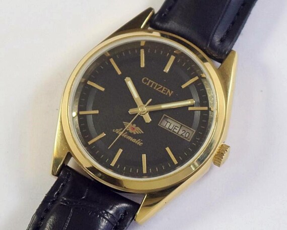 Vintage Citizen Eagle 7 Automatic Japan Mens Wrist Watch Day Date Textured Black Dial Exhibition Back Gold Gift for Men for Him 1060 23 Etsy Canada