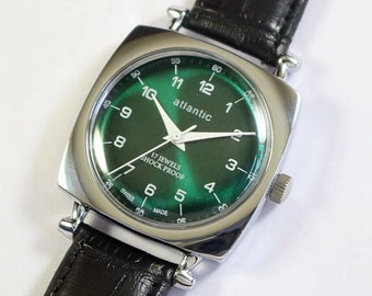 vintage montre homme Atlantic Swiss Made à remontage manuel | cadran vert | mécanique | acier inoxydable | cadeau homme pour lui | a1029li01
