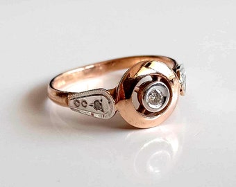Verlobungsring Tricolor Gold 14kt - Voll 585kt - 3 Diamanten 0,05kt - Vintage