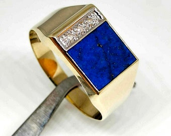 Men's ring Gold 14Kt -585Kt - Lapis lazuli Piryte - 3 Diamonds 0.03Kt -Vintage Secondhand