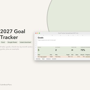 May include: A 2027 Goal Tracker digital spreadsheet template for Excel and Google Sheets. The interface displays a dashboard with metrics including 5 goals, 2 on track, 40 check-ins, and 72% average progress, with tabs for goals and monthly views.