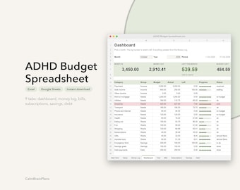 Budget Spreadsheet for Excel and Google Sheets | ADHD Monthly Budget, Bill, Debt & Savings Tracker