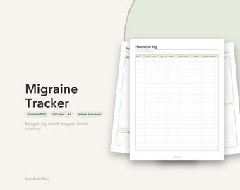 Utskrivbar migränrapport | Huvudvärksdagbok, checklista för triggers, månatlig smärtlogg och läkarsammanfattning (PDF)