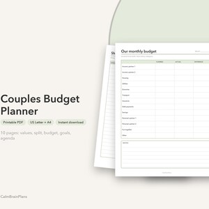 Puede incluir: Un planificador de presupuesto para parejas imprimible que presenta una tabla titulada Our monthly budget con columnas para montos planificados, reales y de diferencia, además de una sección de notas. Incluye el texto Couples Budget Planner y CalmBrainPlans.
