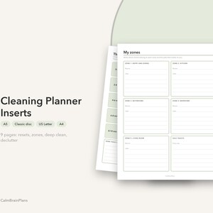 Può includere: Inserti per pianificatore di pulizie con una pagina My zones divisa in sei sezioni per ingresso, sala da pranzo, cucina, bagni, camere da letto e soggiorno. Il testo include Cleaning Planner Inserts, A5, Classic disc, US Letter, A4.