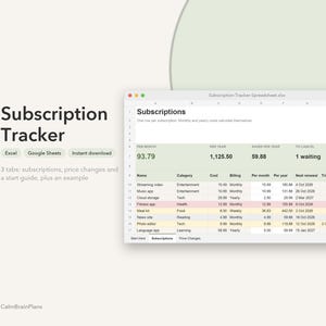 Pode incluir: Um modelo de planilha de rastreamento de assinaturas para Excel e Google Sheets. A interface exibe uma tabela com colunas para nome, categoria, custo, faturamento, totais mensais e anuais, datas de renovação e status, com o texto Subscription Tracker.