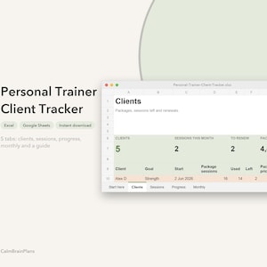 Personal Trainer Client Tracker Spreadsheet | Google Sheets & Excel Packages, Sessions Left, Progress