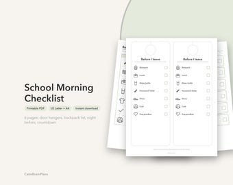 Checklista för skolmorgon för barn | Dörrhängare, ryggsäckslista och plan för kvällen innan (PDF)
