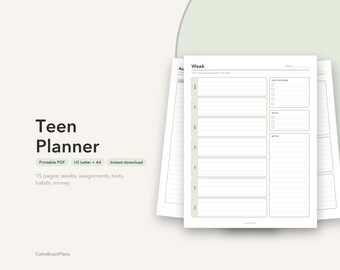 Teen Planner Printable | Undated Weekly Pages, Assignment Tracker, Class Schedule & Goals (PDF)