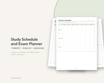 Planificateur d'études imprimable pour examens | Calendrier de révision, compte à rebours avant l'examen, liste de contrôle des sujets et séances de concentration (PDF)