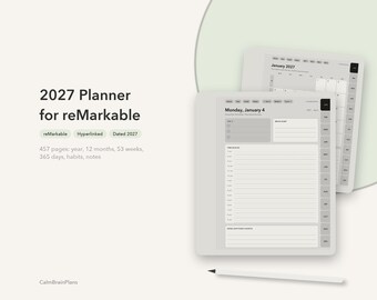 Può includere: Un'agenda digitale 2027 per tablet reMarkable con 457 pagine che includono sezioni per anno, mesi, settimane, giorni, abitudini e note. L'interfaccia mostra il programma giornaliero di lunedì 4 gennaio con uno stilo posizionato sotto.