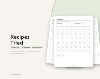 試したレシピ記録シート（印刷可能）｜料理記録、ボウル50個の塗り絵、ウィッシュリスト（PDF）