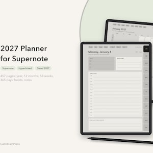 Könnte beinhalten: Ein digitaler Planer für 2027 für Supernote mit 457 Seiten, unterteilt in Jahres-, Monats-, Wochen- und Tagesansichten. Die Benutzeroberfläche enthält verlinkte Reiter, Zeitblöcke, Gewohnheitstracker und Bereiche für Notizen.