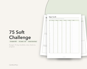 75日間のソフトチャレンジトラッカー（印刷可能）｜75日間の習慣チェックリスト、ルールページ、進捗状況確認シート（PDF）