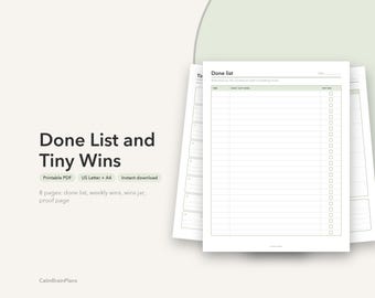 Utskrivbar lista över färdiga resultat | Tiny Wins Journal, veckorapportering och prestationslogg (PDF)