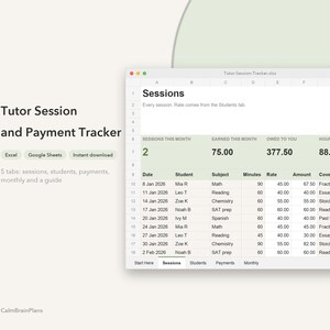 Tutor Session Tracker Spreadsheet | Google Sheets & Excel Students, Lessons, Payments and Balances