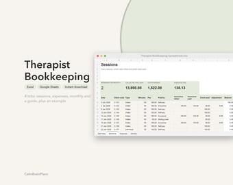 セラピスト向け会計スプレッドシート | Google スプレッドシートと Excel を使用した個人開業セッション、保険、利益