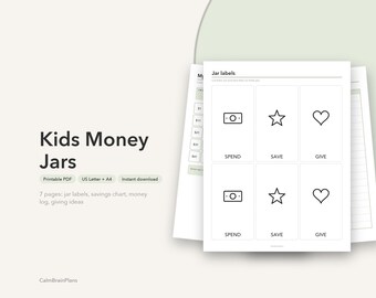 Tirelires pour enfants à imprimer | Étiquettes « Dépenser, Économiser, Donner », tableau d'épargne et idées de cadeaux (PDF)