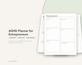 ADHD起業家向けプランナー（印刷可能）｜90日間事業計画、CEOレビュー、アイデアログ（PDF）
