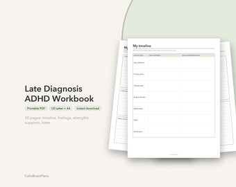 後期ADHD診断用ワークブック（印刷可能）｜成人向け振り返りページ、人生年表、強み（PDF）