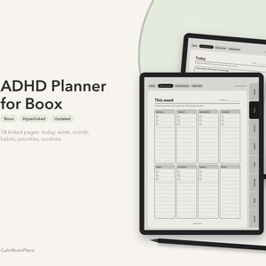May include: A digital ADHD planner for Boox tablets featuring 18 hyperlinked, undated pages including daily, weekly, and monthly views, habit trackers, and routine logs. The interface displays a clean, grey-toned layout with side navigation tabs.