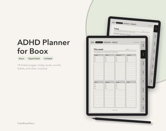 May include: A digital ADHD planner for Boox tablets featuring 18 hyperlinked, undated pages including daily, weekly, and monthly views, habit trackers, and routine logs. The interface displays a clean, gray-toned layout with side navigation tabs.