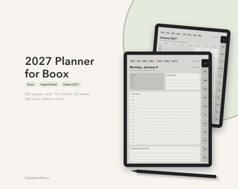 Può includere: Un'agenda digitale 2027 per dispositivi Boox con 457 pagine e schede con collegamenti ipertestuali per mesi e settimane. Lo schermo mostra un programma giornaliero per lunedì 4 gennaio con sezioni per le attività principali e note.