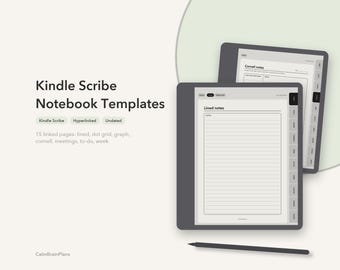 May include: Two digital tablets displaying Kindle Scribe Notebook Templates with lined and Cornell notes layouts. The screens show hyperlinked tabs, and a stylus is positioned below. Text reads Kindle Scribe Notebook Templates, 15 linked pages.