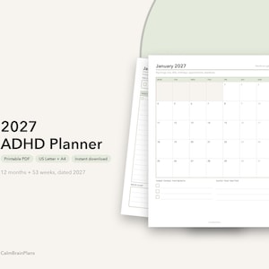 Puede incluir: Un planificador TDAH 2027 con una vista de calendario mensual para enero de 2027. Las páginas blancas presentan texto negro, un diseño de cuadrícula y secciones para notas. El texto dice 2027 ADHD Planner, Printable PDF, US Letter + A4, Instant download, 12 months + 53 weeks, dated 2027, y CalmBrainPlans.