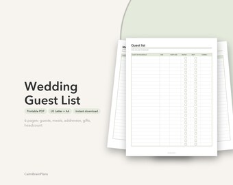 Liste d'invités de mariage à imprimer | Suivi des réponses, choix des repas, adresses, cadeaux et remerciements (PDF)