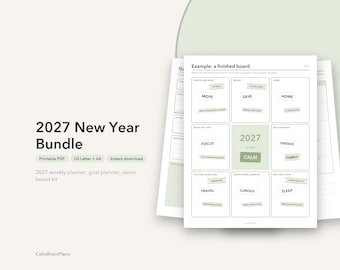 2027年新年バンドル｜ADHD向け週間プランナー、目標設定ワークシート、ビジョンボードキット