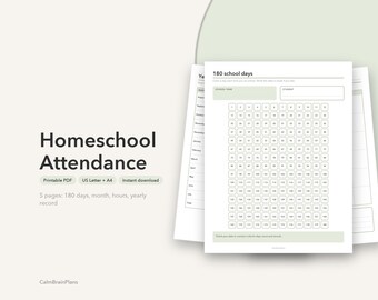 Homeschool Attendance Record Printable | 180 Day Tracker, Monthly Calendar, Hours Log & Yearly Summary (PDF)
