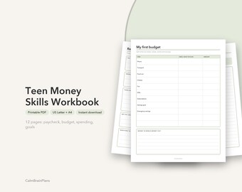 Cahier d'exercices imprimable pour adolescents sur la gestion de l'argent | Notions de base sur le salaire, budget, journal des dépenses et objectif d'épargne pour adolescents (PDF)