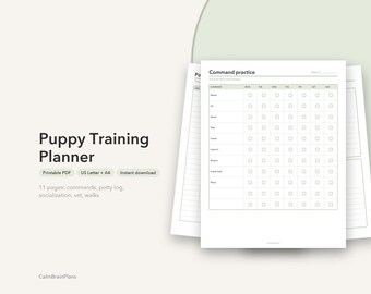 Planificateur de dressage pour chiots à imprimer | Suivi des ordres du chien, journal de propreté, liste de contrôle de socialisation et dossiers vétérinaires (PDF)