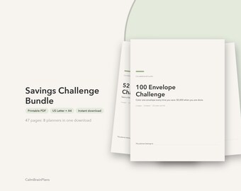 Ensemble de défis d'épargne à imprimer | Suivi de 100 enveloppes, 52 semaines, période sans dépenses et fonds d'urgence (PDF)
