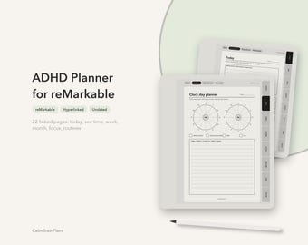 May include: A digital ADHD planner for reMarkable tablets featuring 22 hyperlinked pages including today, time, week, month, focus, and routines. The interface displays a clock day planner layout with circular time trackers, checkboxes, and lined notes.