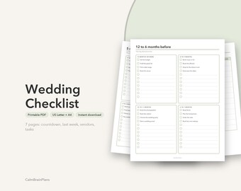 Liste de mariage à imprimer | Compte à rebours de 12 mois, dernière semaine à faire, contacts des prestataires (PDF)
