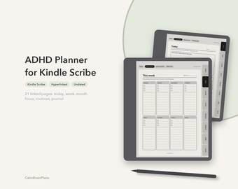 Può includere: Due tablet digitali grigio scuro che mostrano un pianificatore ADHD per Kindle Scribe con pagine ipercollegate. Lo schermo mostra un layout settimanale con liste di controllo per ogni giorno. Uno stilo grigio scuro è posizionato orizzontalmente sotto i tablet.