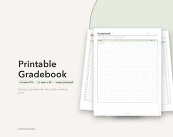 Printable Gradebook | Teacher Grade Book Pages, Assignment Key, Letter Scale & Missing Work Log (PDF)