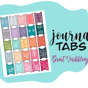 May include: A sheet of colorful journal tabs with floral and geometric designs. The tabs are labeled "journal tabs" and "Great Scribbling".