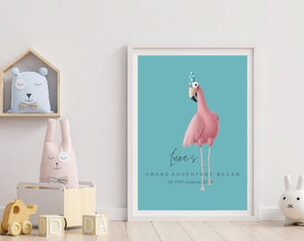 Personalised Nursery Safari Birthday - AA Flamingo, Nursery Animal Print, Safari Print, Kids Room Wall Decor, Nursery Art, DIGITAL DOWNLOAD