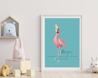 Personalised Nursery Safari Birthday - AJ Flamingo, Nursery Animal Print, Safari Print, Kids Room Wall Decor, Nursery Art, DIGITAL DOWNLOAD