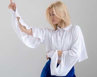 Blouses With Long Sleeves, Balloon Sleeve Shirt, Designer Shirt, Fashion Blouse, Elegant Shirt, White Lantern Sleeve Blouse, Office Top