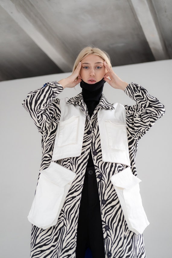 Zebra Print Casual Trench Coat With Additional Pockets Maxi