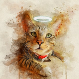May include: A watercolor painting of a tabby cat with a halo above its head. The cat is looking directly at the viewer with a serious expression. The background is a soft, light brown color with watercolor splatters.