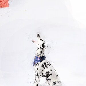 May include: A Dalmatian dog wearing a blue bandana sits on a white background, looking up with its mouth open. The dog is painted in a watercolor style.