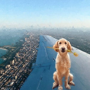 May include: A golden retriever dog sits on the wing of an airplane, looking at the camera with a yellow flower in its mouth. The dog is flying over a city skyline.
