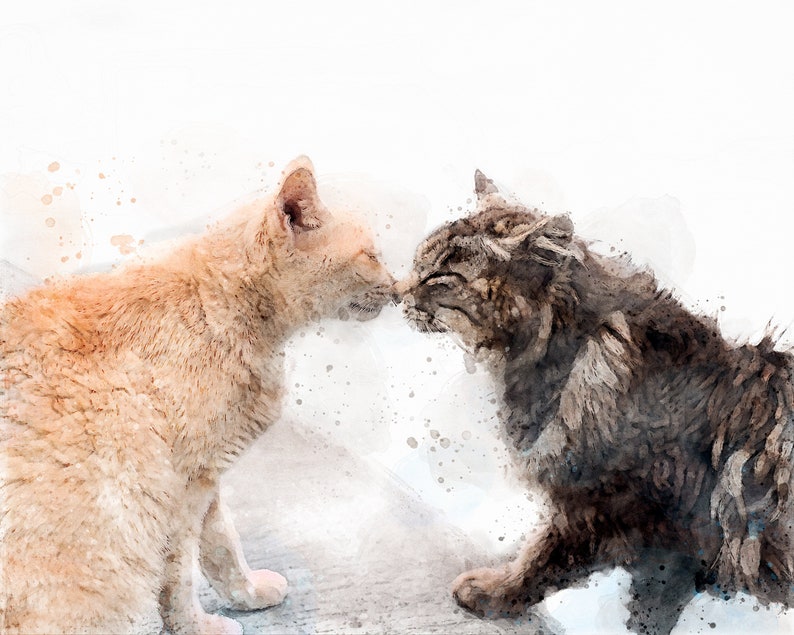 May include: Two cats, one orange and one brown and white, are facing each other with their noses touching. The image is painted in a watercolor style with a white background.