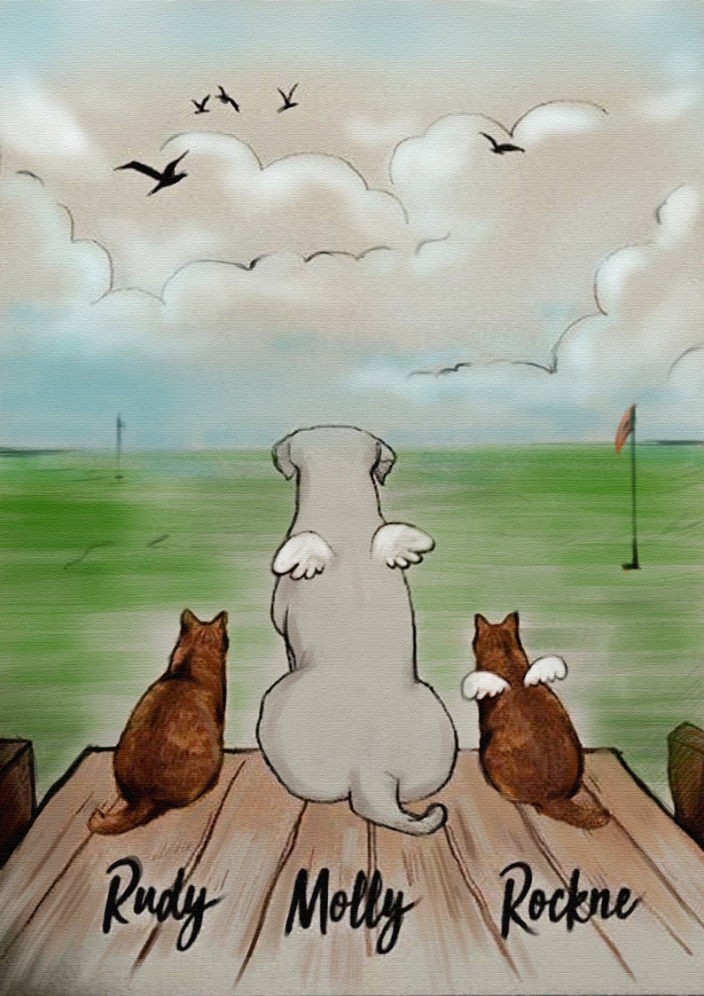 May include: A painting of a dog and two cats with angel wings, looking up at a cloudy sky. The dog is grey and the cats are brown. The animals are sitting on a wooden dock with their names written below them: Rudy, Molly, and Rockne.