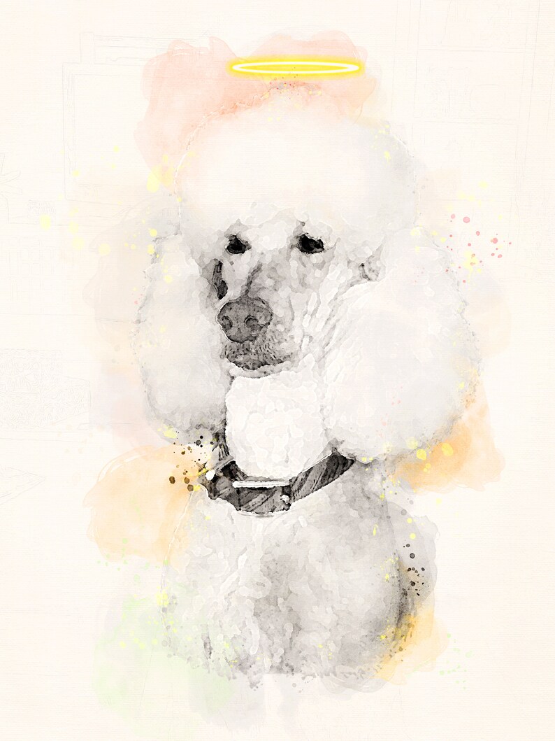 May include: A white poodle with a halo above its head, painted in a watercolor style with soft pink, yellow, and green hues.